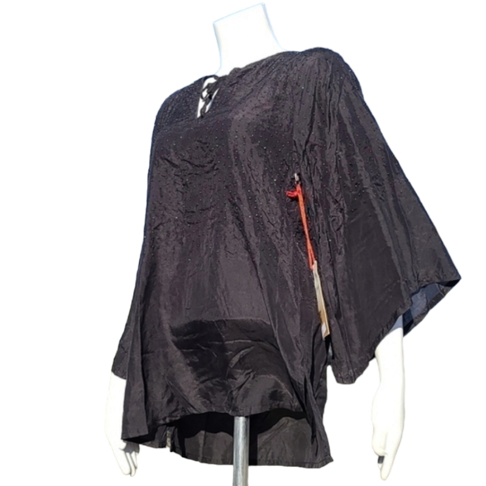 VTG Y2K Da-Nang Silk Kimono Blouse XS Black Beaded Boho Luxe Tunic Top Da Nang - Picture 2 of 13